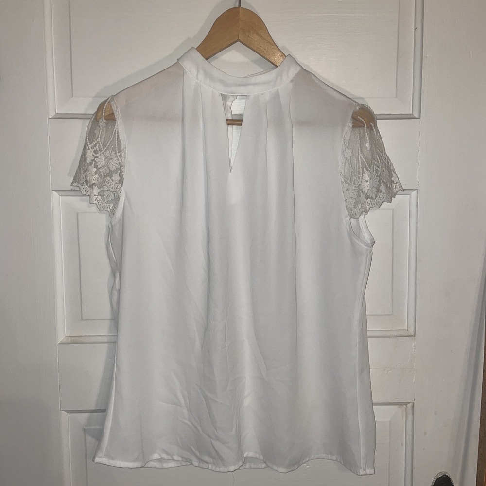 White Summer Blouse Lace Cap Sleeves Sheer Large